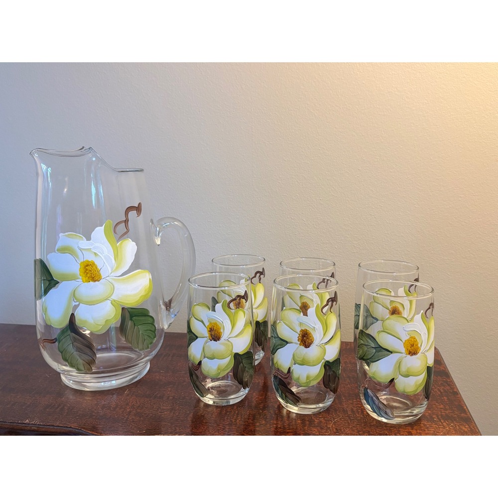 Vintage MCM Bartlett Collins pitcher & glasses set magnolia hand-painted - Picture 14 of 14